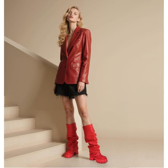 Women's Red Leather Glitter Metallic Wide Calf Pleated Fold Over Mid Calf Boots - Picture 3 of 7